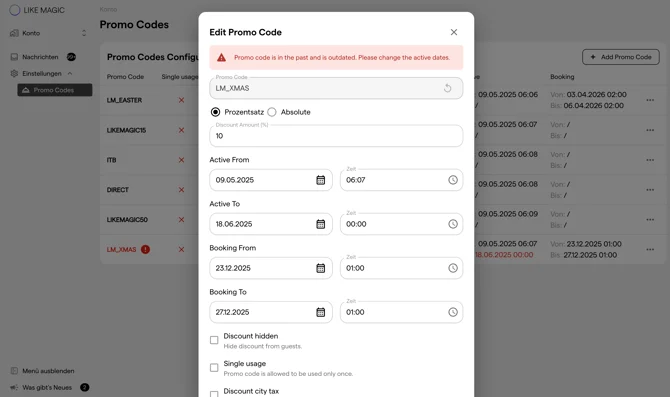 Modal Promo Code bearbeiten, vorbefüllt mit einem veralteten Code und einem roten Fehlerbanner über den Feldern