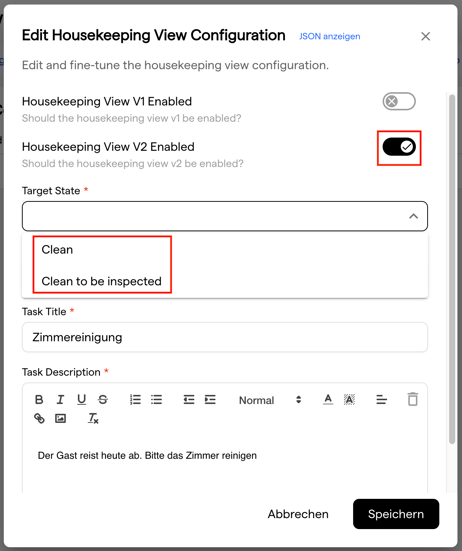 Der Bearbeiten-Dialog mit eingeschaltetem Schalter für Housekeeping V2 und geöffneter Zielstatus-Liste mit Sauber und Sauber, zu überprüfen