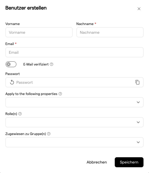 Der Dialog Benutzer erstellen mit den Feldern für Profil, Passwort, Rollen und Gruppen