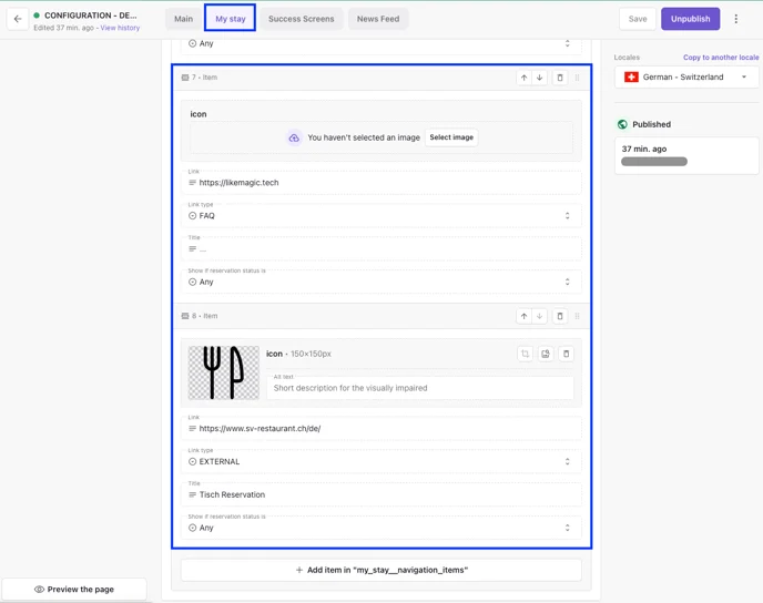 Seite My Stay des Configuration-Dokuments mit den Link Types FAQ und EXTERNAL