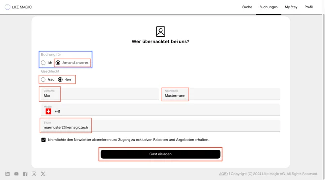Das Gästeformular mit der ausgefüllten Pflichtangabe E-Mail-Adresse