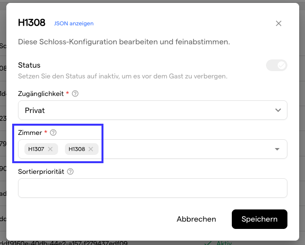 Der Dialog zur Schloss-Konfiguration für Schloss H1308 mit H1307 und H1308 im Feld Zimmer