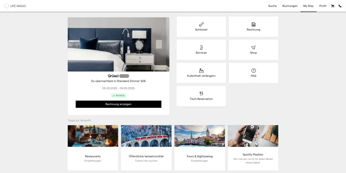Digitales Gästeportal im Desktopmodus mit den Kacheln FAQ, Tisch Reservation und Shop