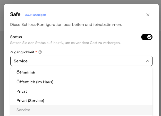 Der Dialog zur Schloss-Konfiguration mit der Zugänglichkeit Service und geöffneter Service-Auswahl