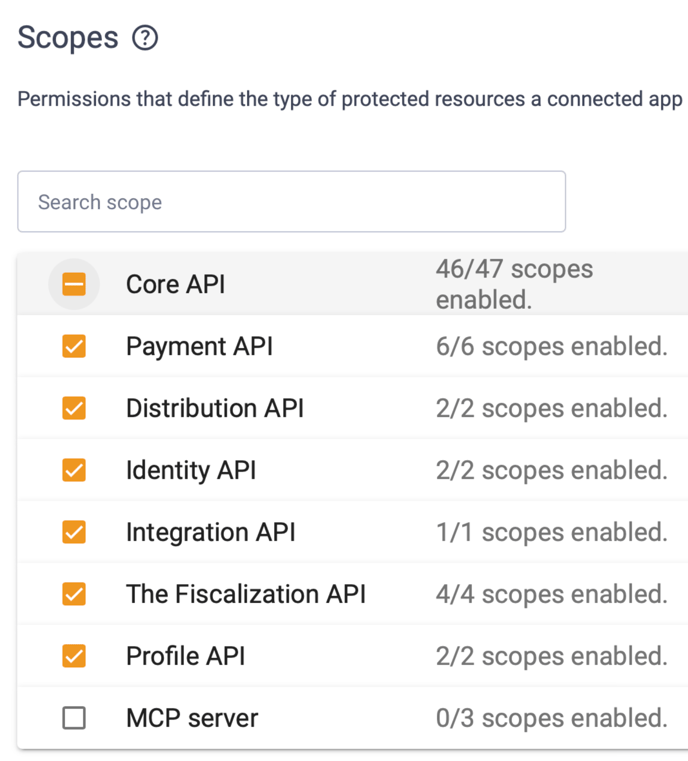 Die Scope-Übersicht je API: Core API mit 46 von 47, Payment, Distribution, Identity, Integration, Fiscalization und Profile vollständig aktiviert, MCP server mit keinem