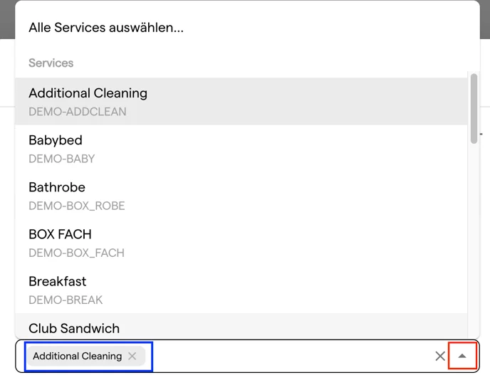Das Dropdown Vorausgezahlte Services mit ausgewähltem Service Additional Cleaning