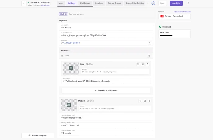 Seite Address mit Address title, Google Maps Link und Geo Point
