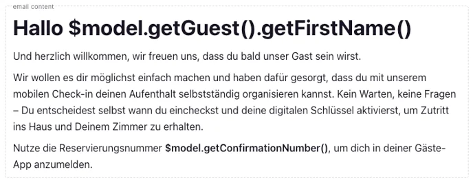 Email Content mit der Formel für die Bestätigungsnummer
