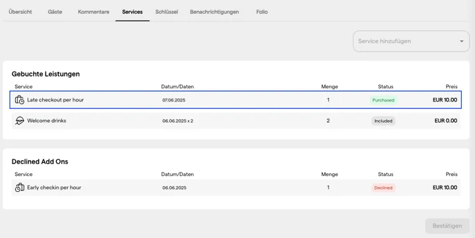 Die genehmigte Leistung unter Gebuchte Leistungen mit dem Status Purchased