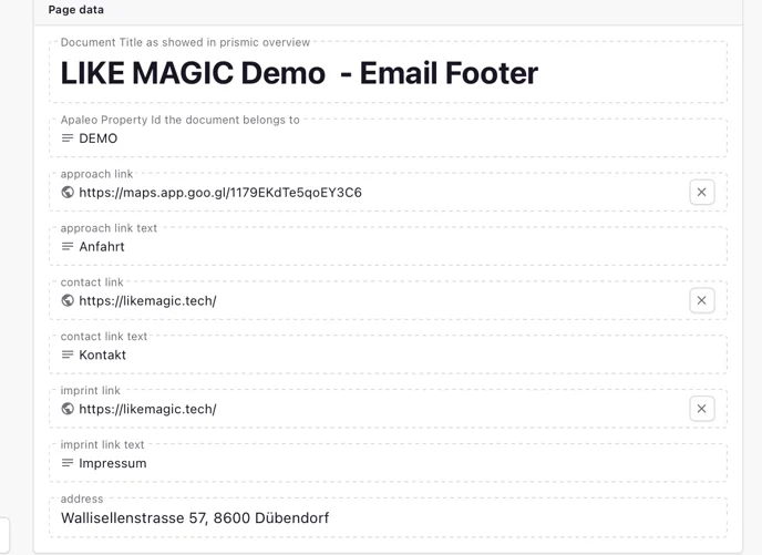 Footer-Dokument mit seinen Link-Feldern