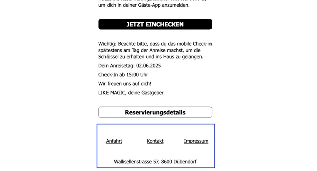 Footer der E-Mail mit Adresse und rechtlichen Links