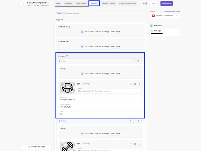 Bereich Services mit Icon, PMS Service ID und Titel