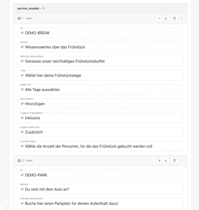 Bereich Service Modals mit seinen Labels