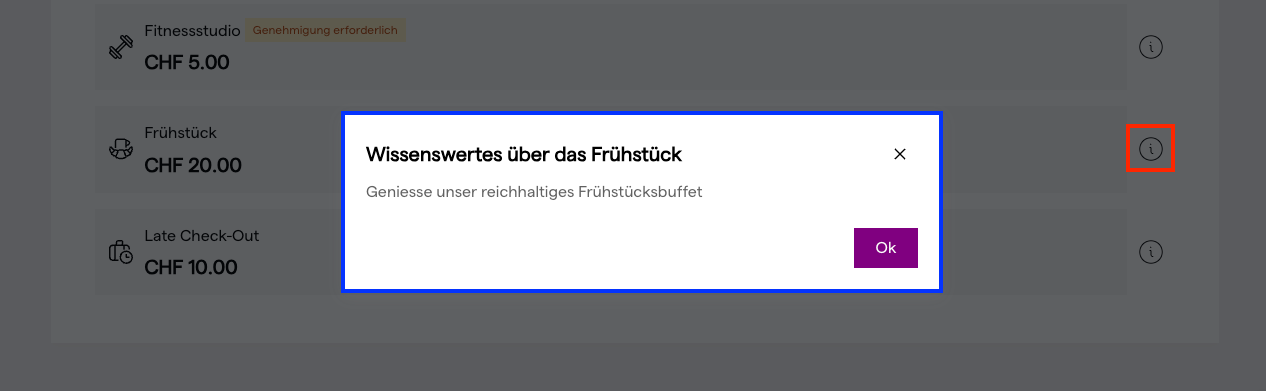 Service-Modal während der Buchung eines Services