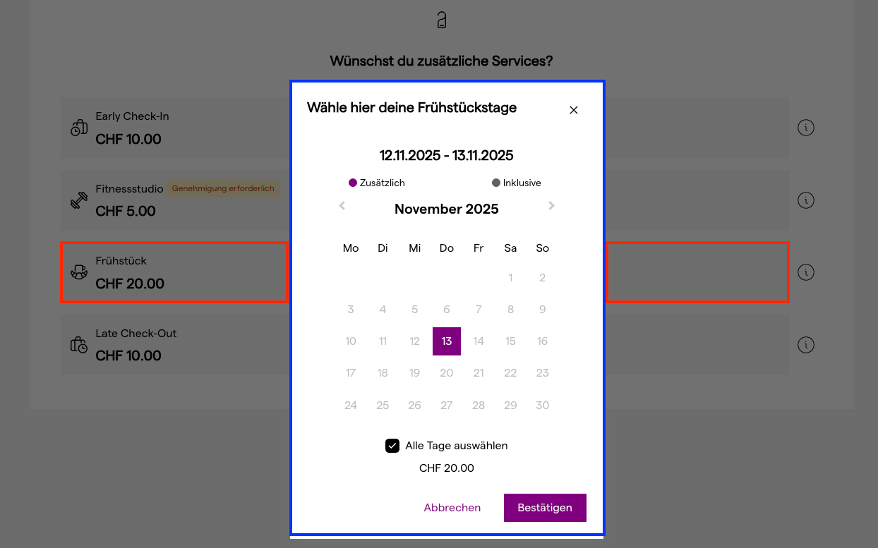 Service-Modal mit seinem Text auf der Gästeplattform