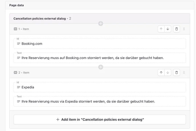Cancellation Policies External Dialog mit den OTA-Einträgen