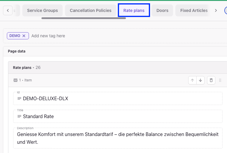 Bereich Rate Plans mit Rate ID und Description