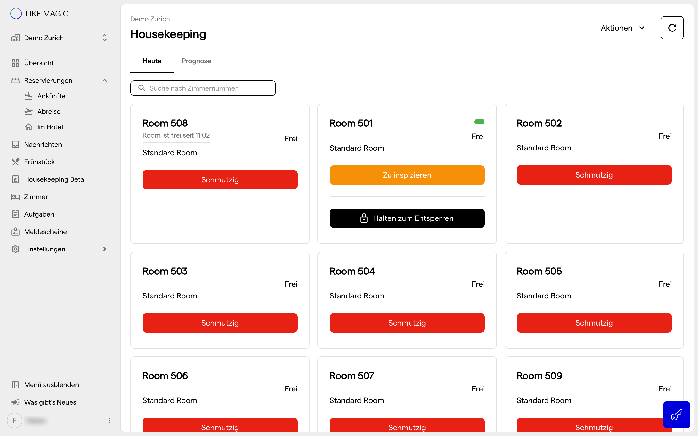 Das Housekeeping-Board V1, eine einfache Liste der zu reinigenden Zimmer