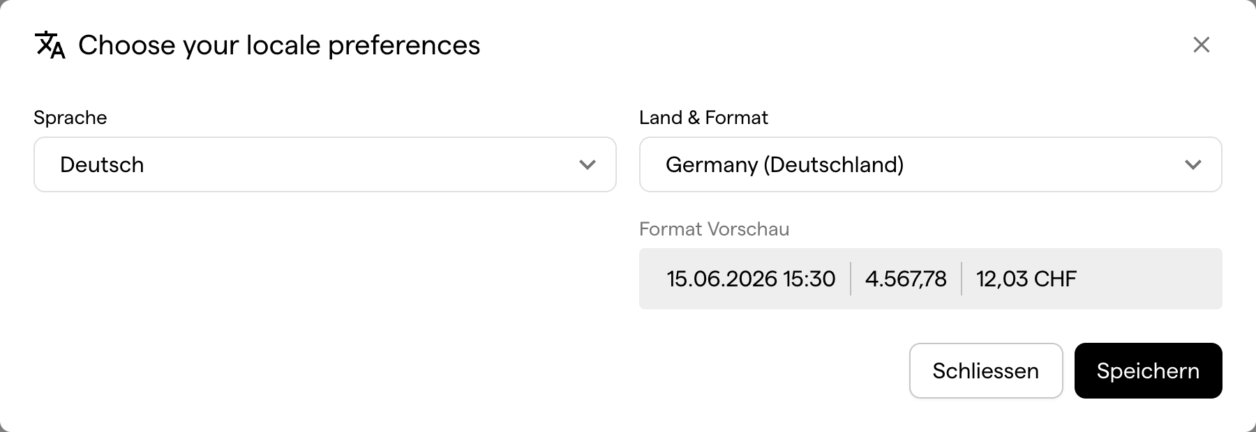 Der Dialog für die Spracheinstellungen mit den Feldern Sprache und Land & Format sowie einer Format-Vorschau