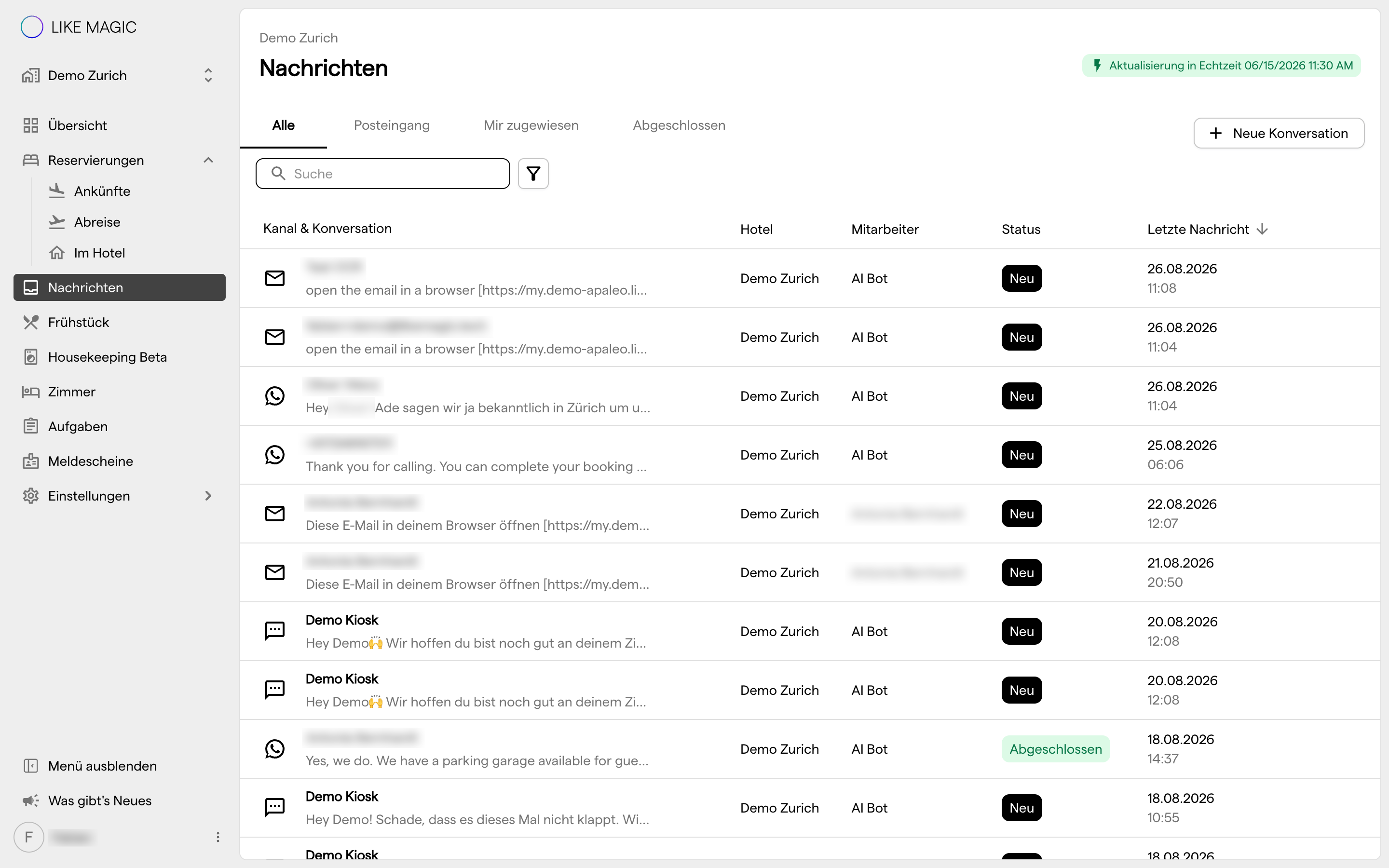 Der Screen Nachrichten mit Konversationen, ihrem Kanal, der Zuweisung und dem Status