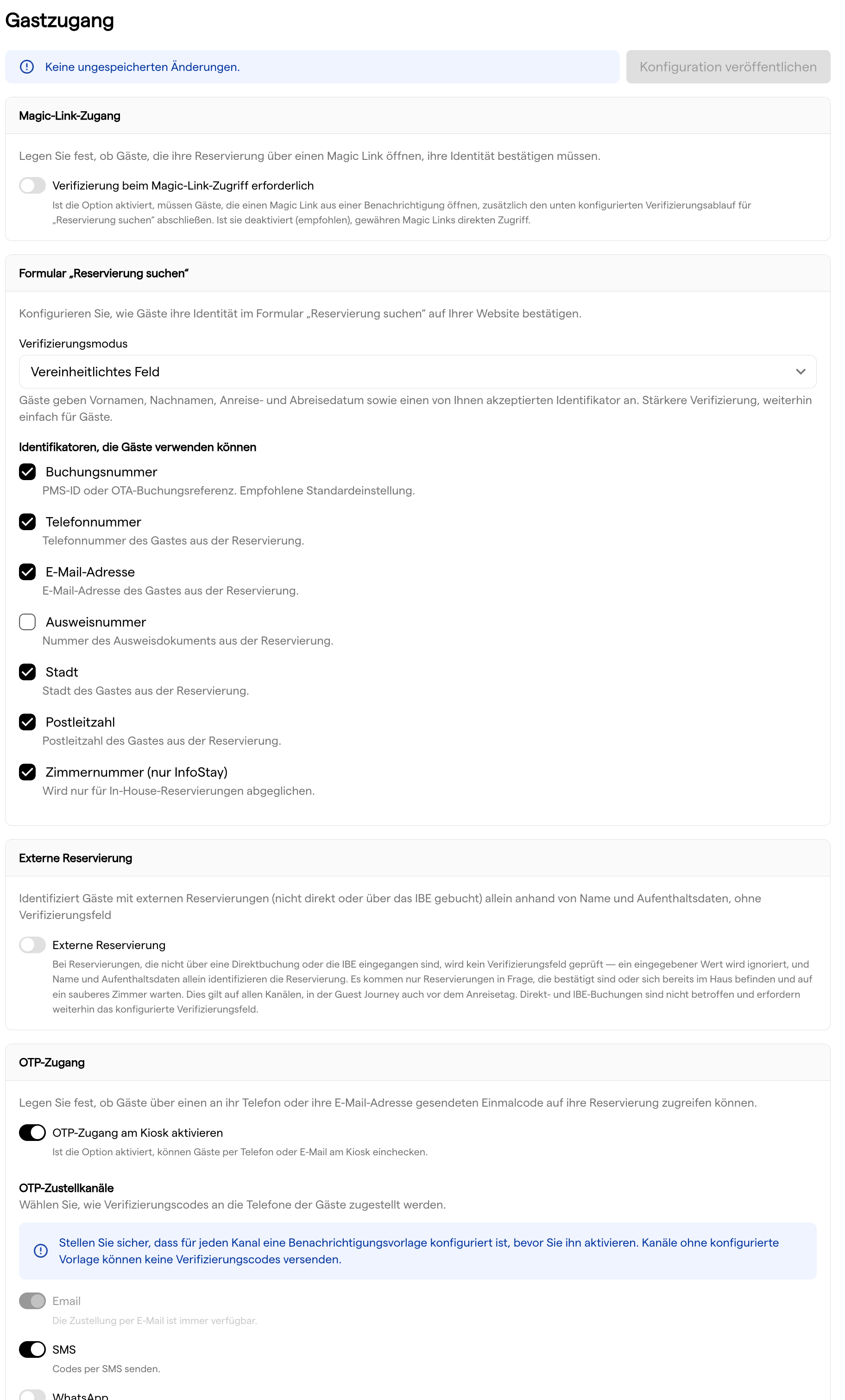 Die Einstellungsseite Gastzugang mit den Bereichen Magic-Link-Zugang, Formular „Reservierung suchen“, Externe Reservierung und OTP-Zugang
