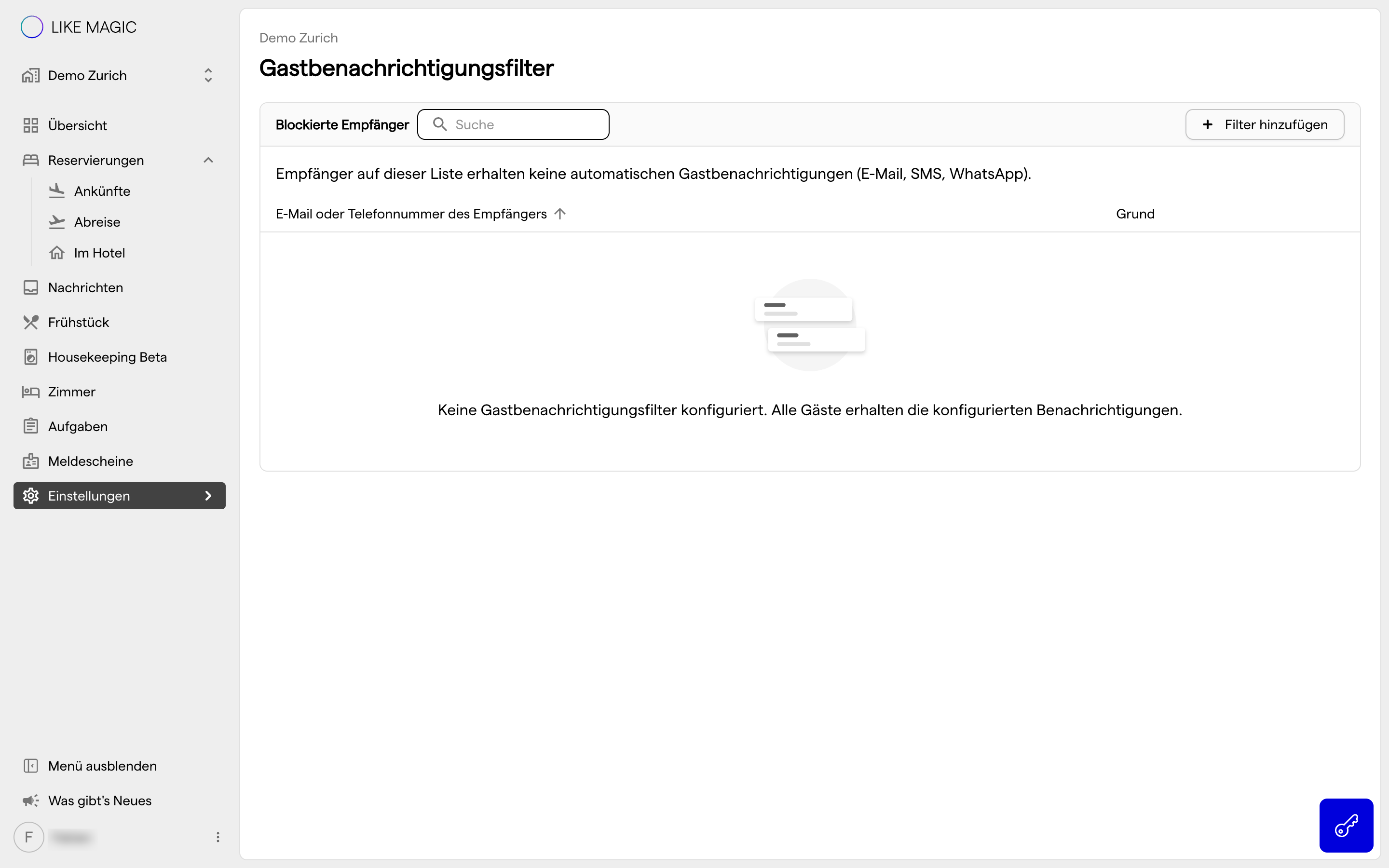 Die Seite Gastbenachrichtigungsfilter