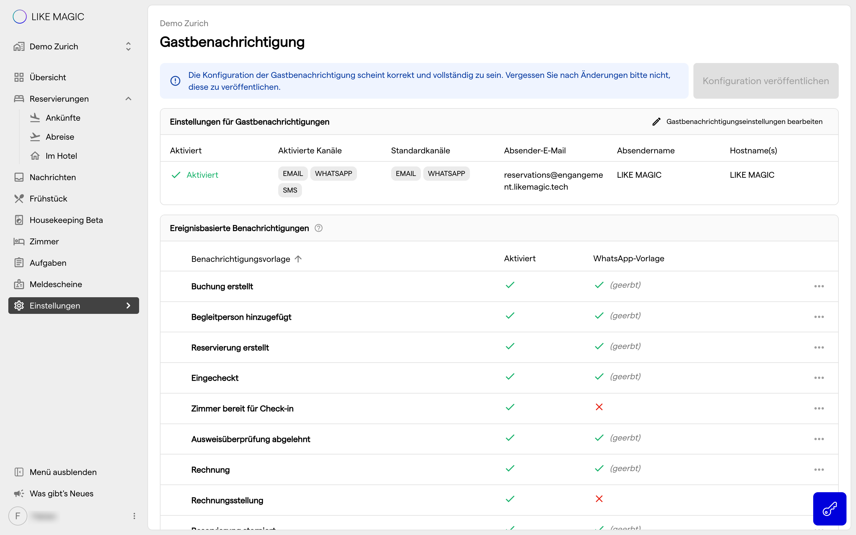 Die Einstellungen der Gastbenachrichtigung mit jeder Benachrichtigung und ihren Kanälen