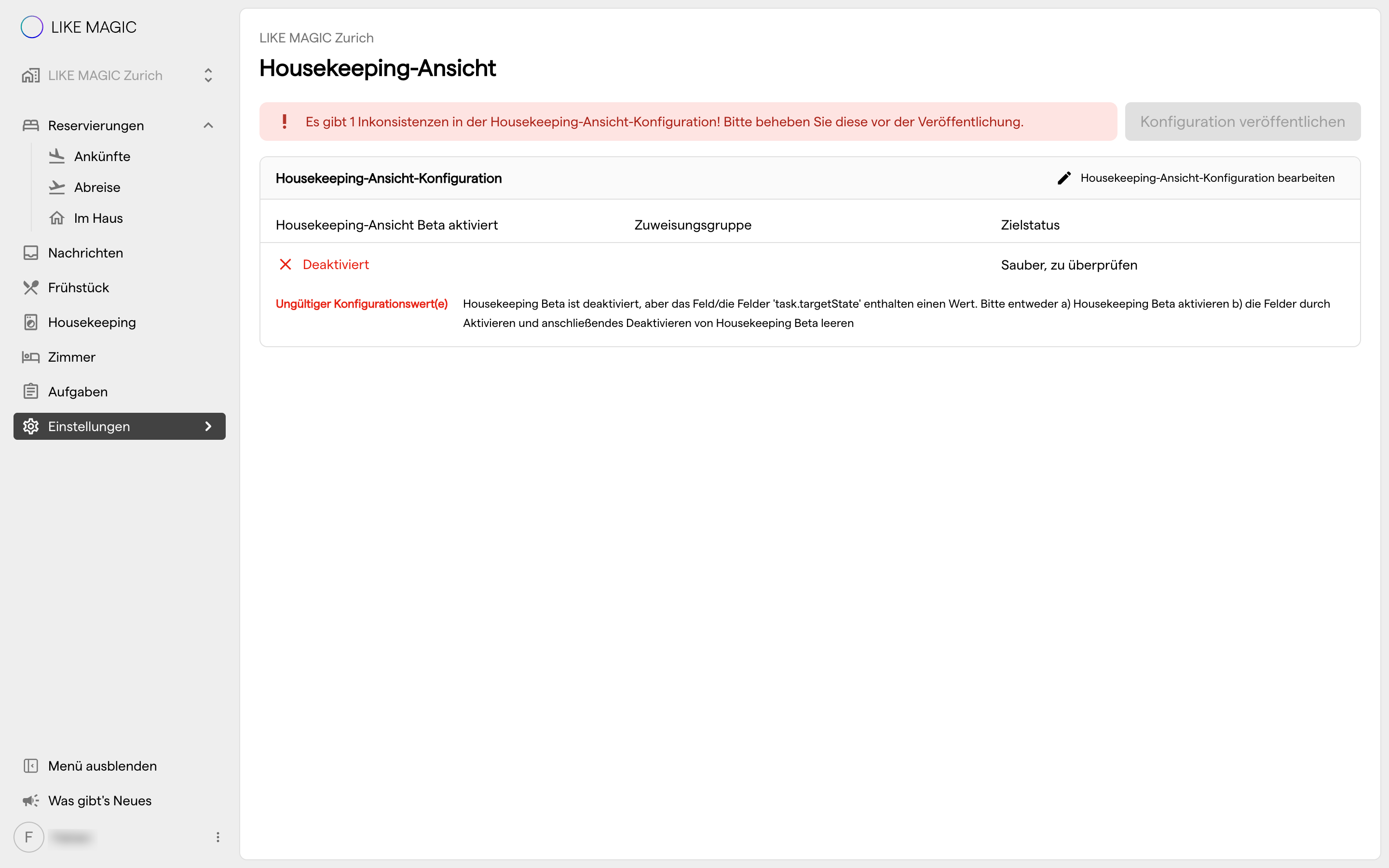 Die Housekeeping-Ansicht-Konfiguration unter Einstellungen