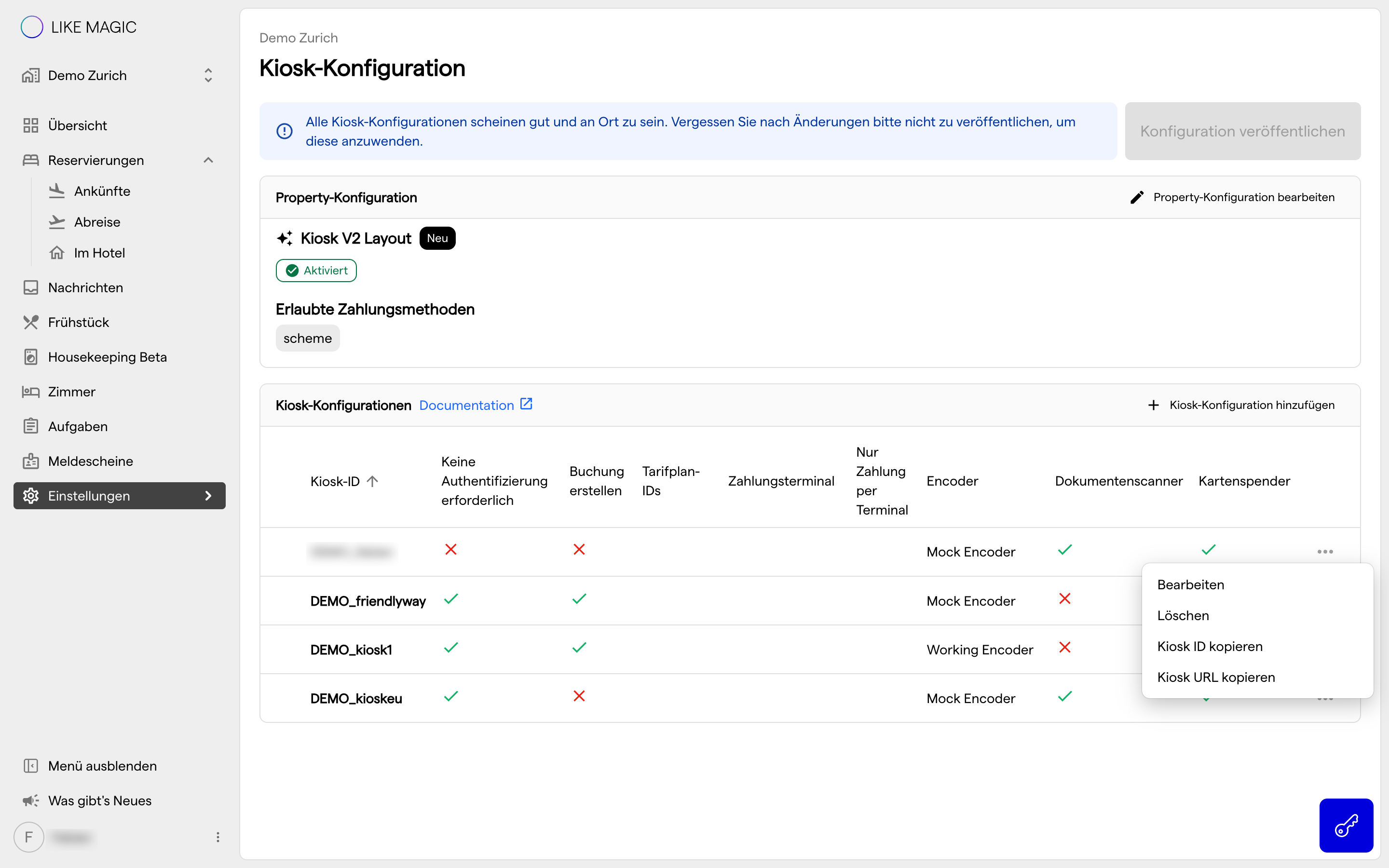 Das Aktionsmenü einer Kiosk-Konfiguration mit Bearbeiten, Löschen, Kiosk ID kopieren und Kiosk URL kopieren