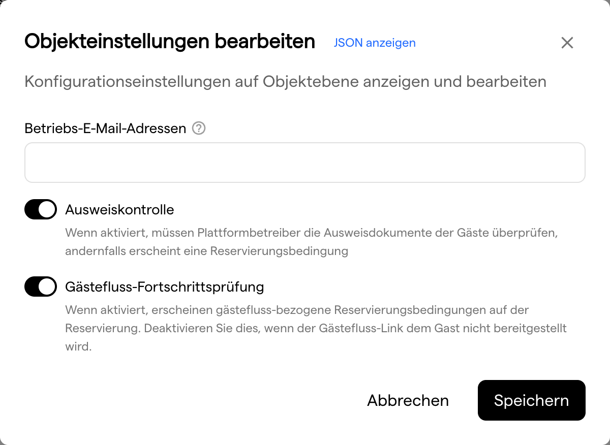 Der Dialog Objekteinstellungen bearbeiten mit den Schaltern für die einzelnen Einstellungen