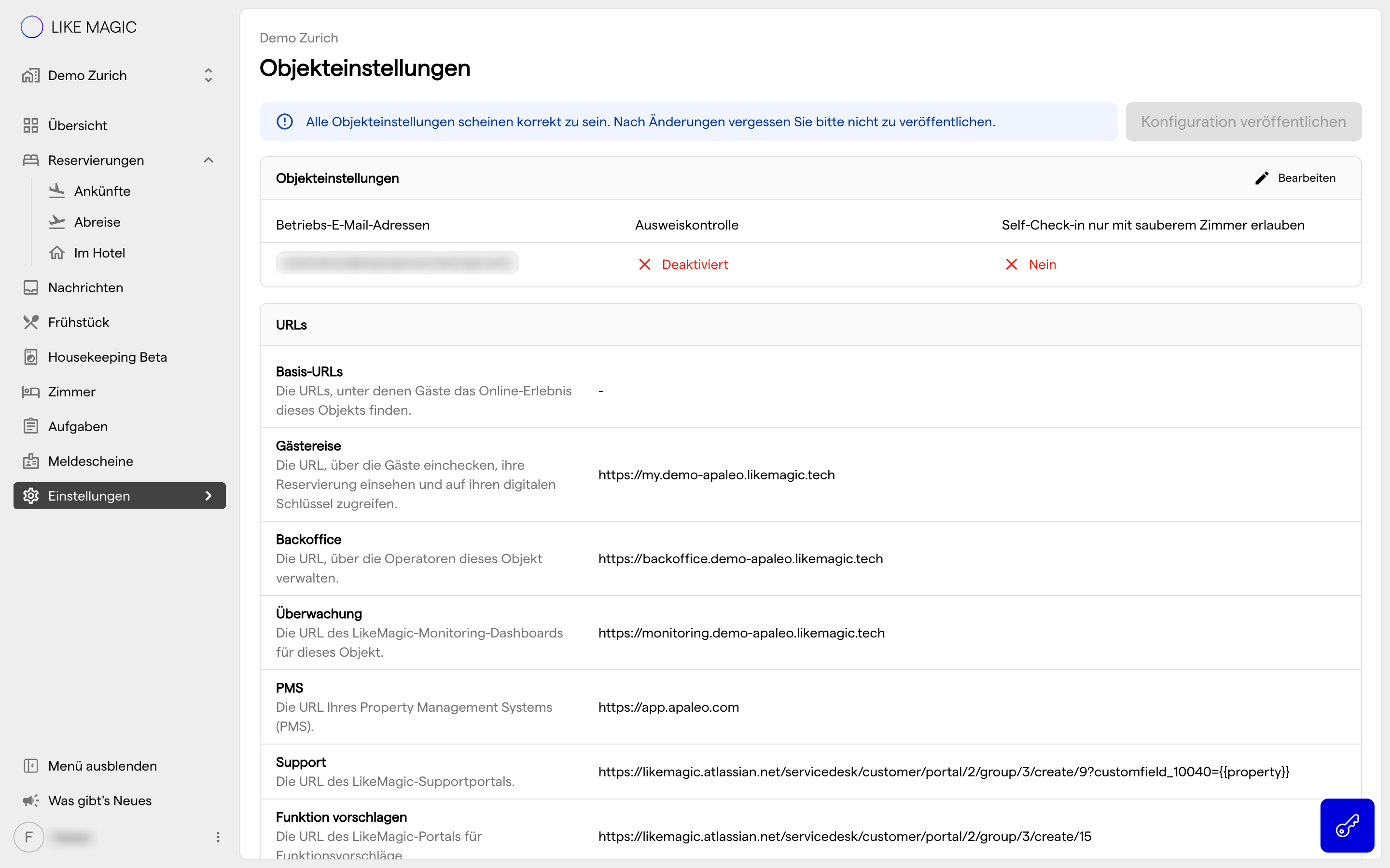 Die Seite Objekteinstellungen mit dem Publish-Banner und der Schaltfläche Konfiguration veröffentlichen