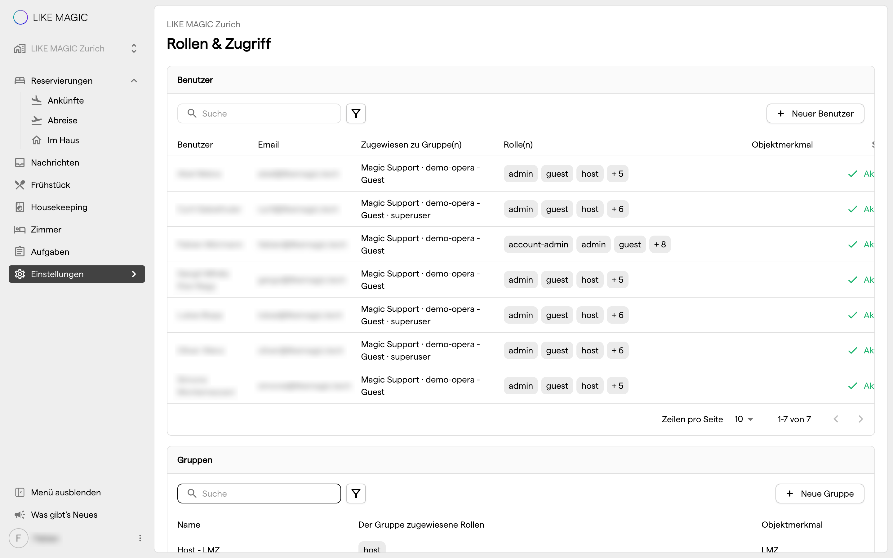 Die Seite Rollen &amp; Zugriff, auf der Benutzer und Gruppen verwaltet werden