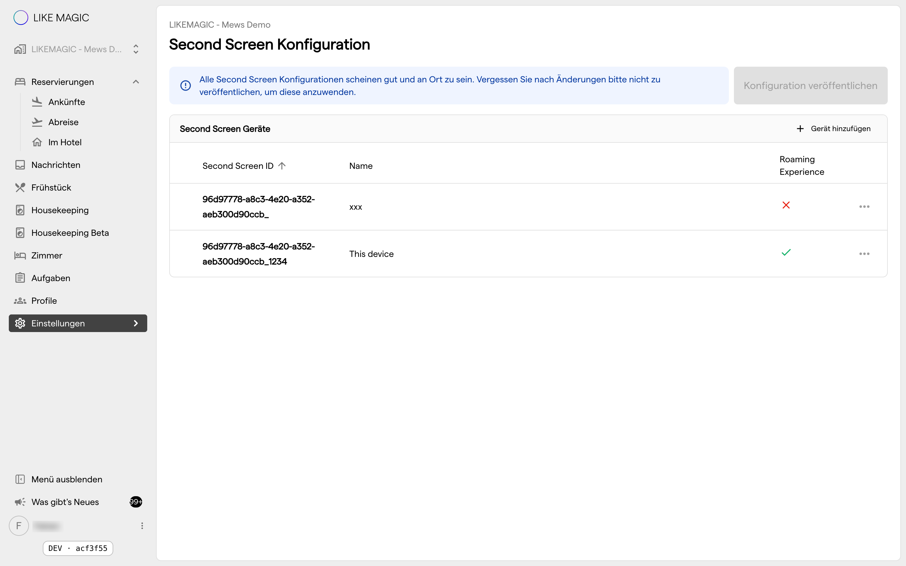 Die Second-Screen-Konfigurationsseite, auf der Geräte erstellt und verwaltet werden