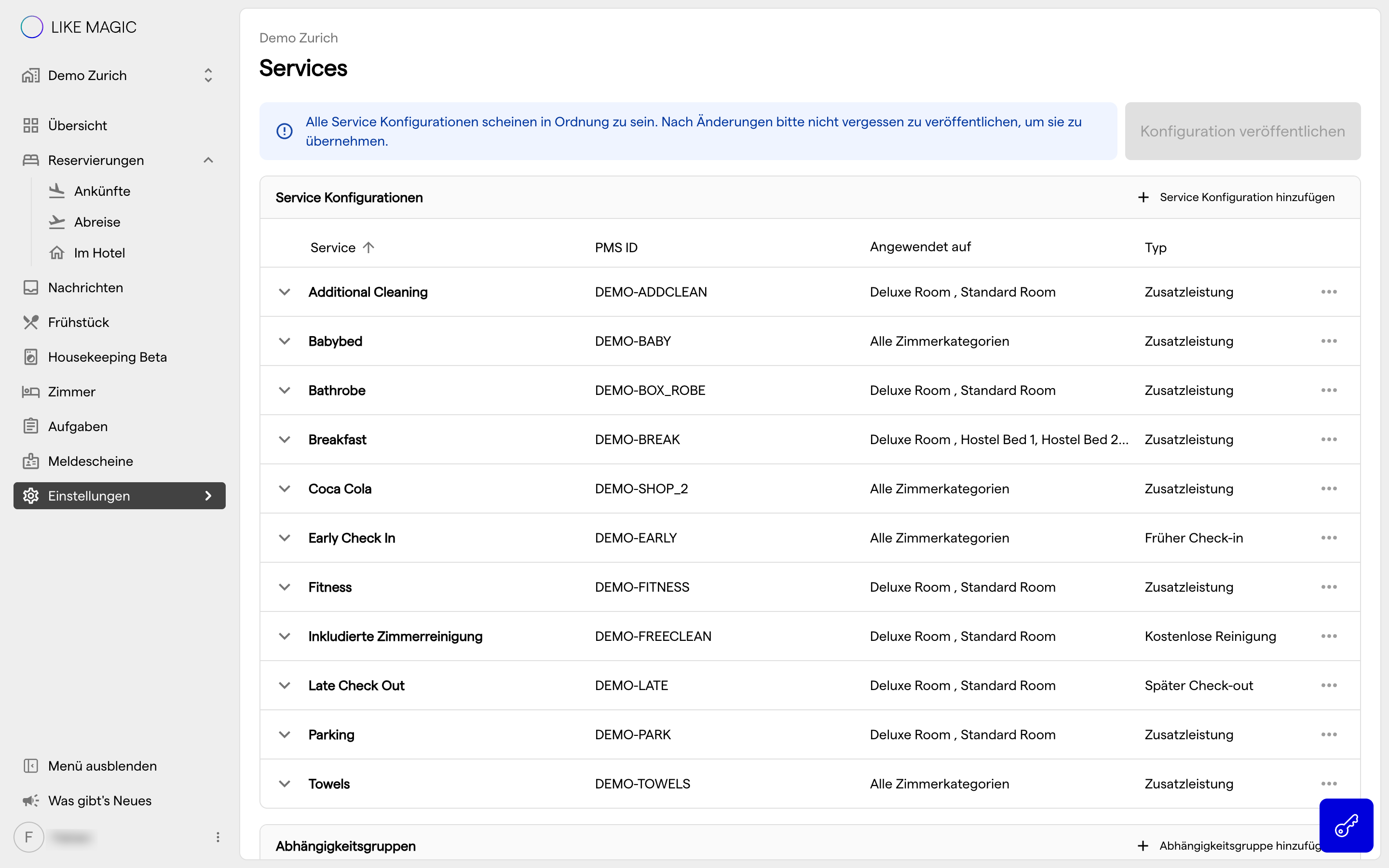 Der Services-Katalog unter Einstellungen