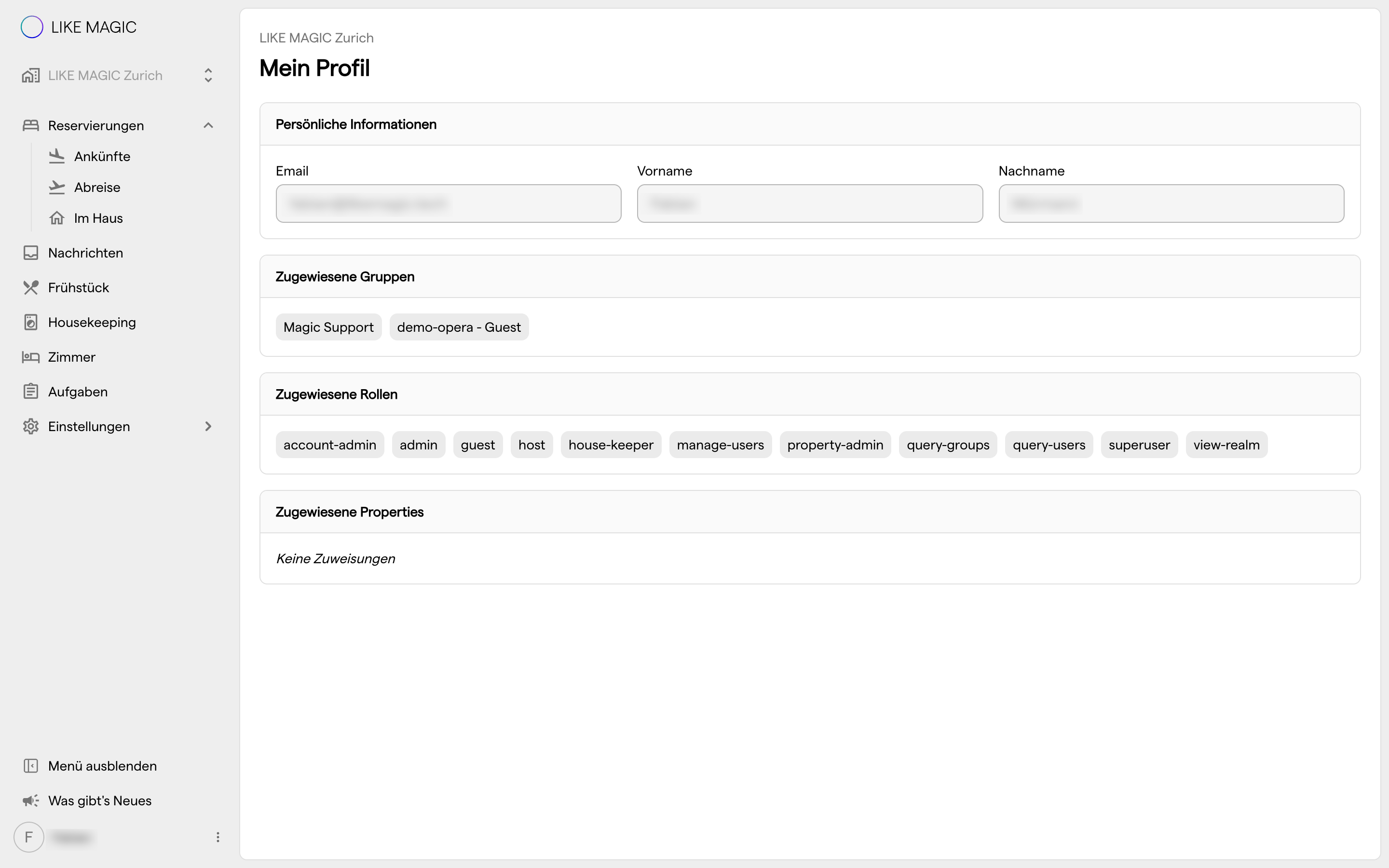 Die Seite Mein Profil in der Operations Platform, mit den persönlichen Informationen und den zugewiesenen Gruppen, Rollen und Properties