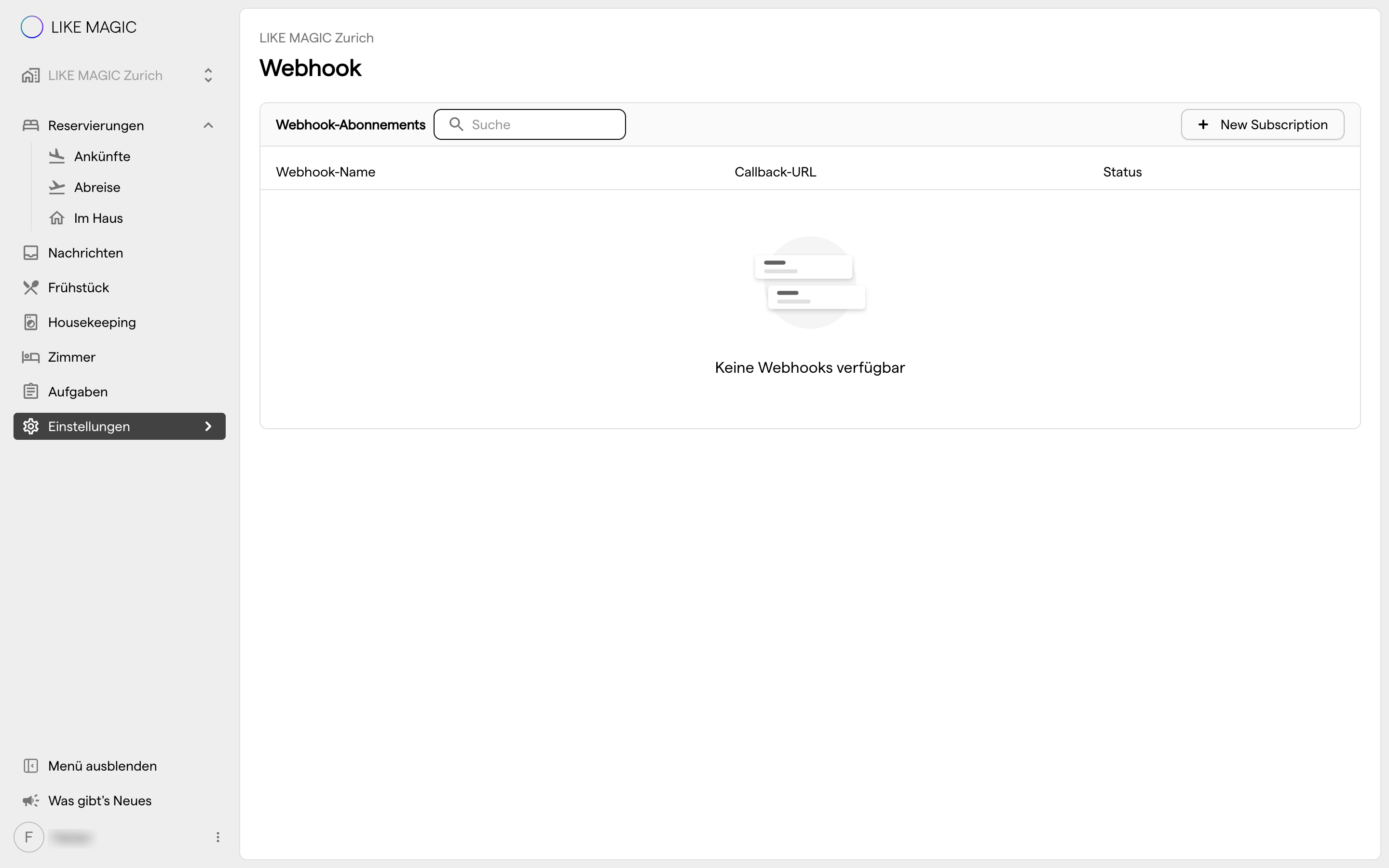 Die Seite Webhook-Abonnements